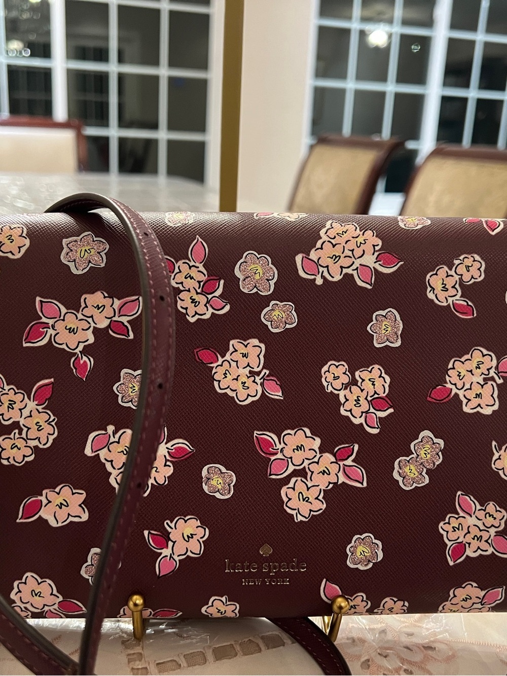Kate Spade Floral Crossbody Wallet On Chain Burgundy Pink Boutique Luxury - Picture 5 of 12